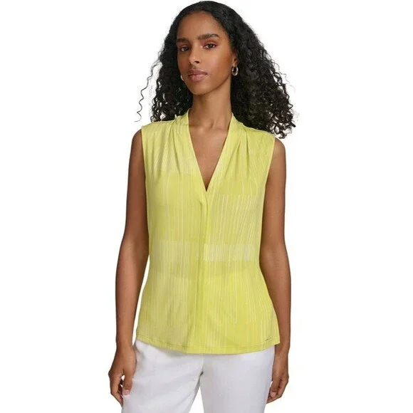 Calvin Klein Women's Pleated Geometric striped V-Neck Top Lime & White M - Picture 3 of 8